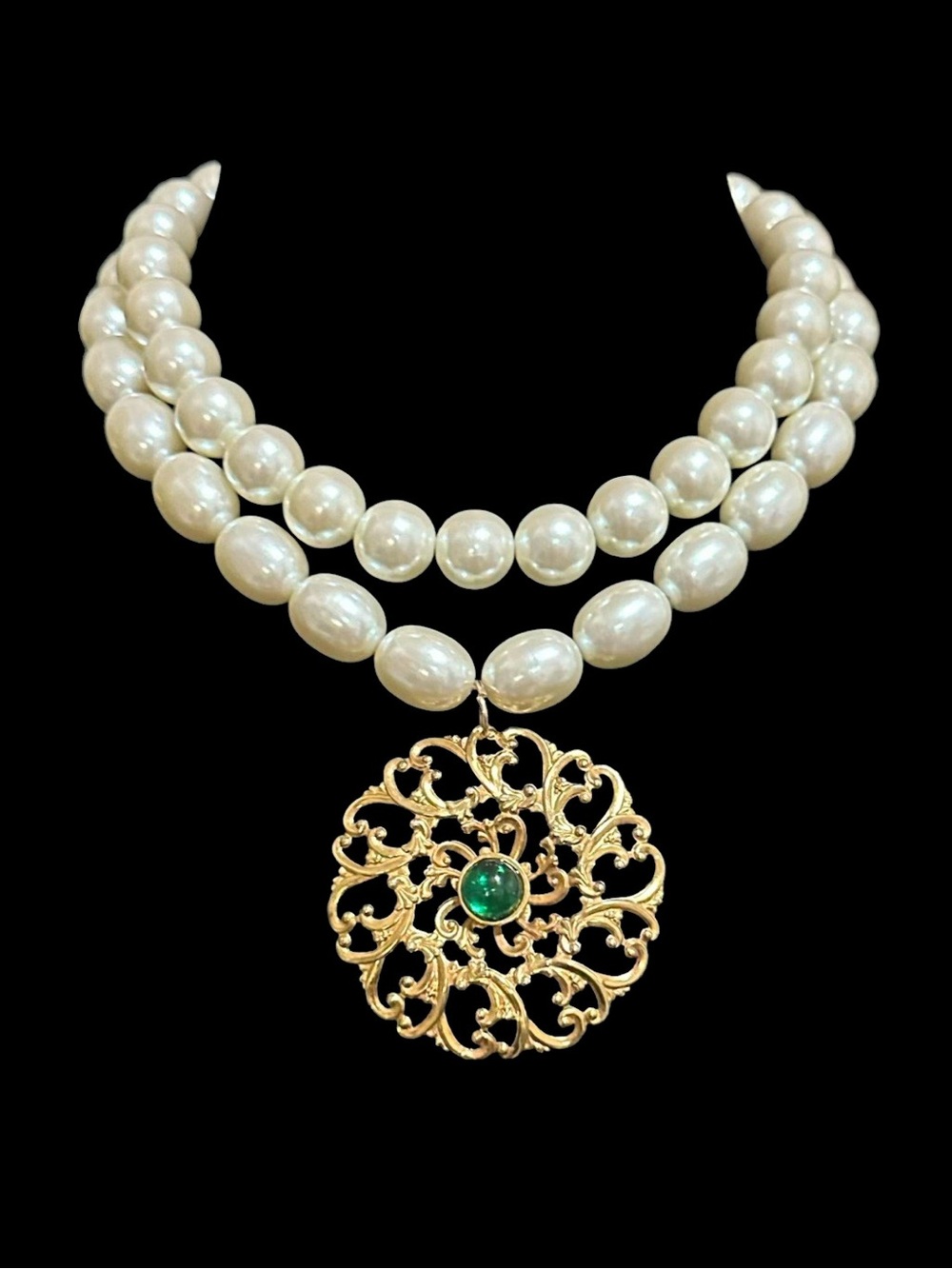 Pearl Double Strand Necklace with Gold Filigree Pendant and Emerald Accent